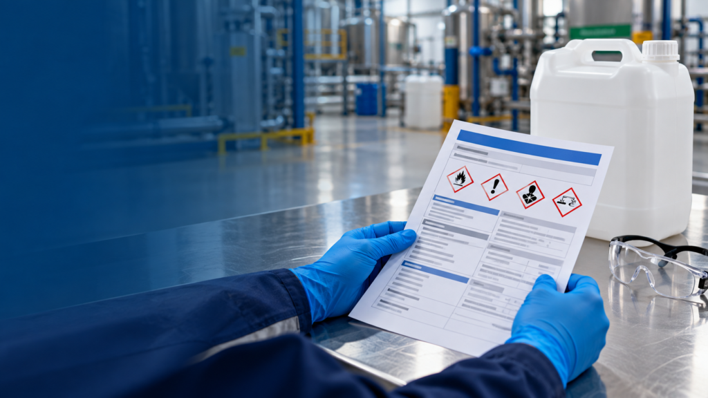 Ingeniero químico revisando una hoja de seguridad MSDS con pictogramas de peligro